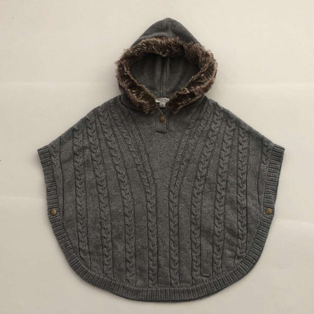 Massimo Dutti L Poncho Grey Cable Knit Hood with Faux Fur Trim Buttons Excellent